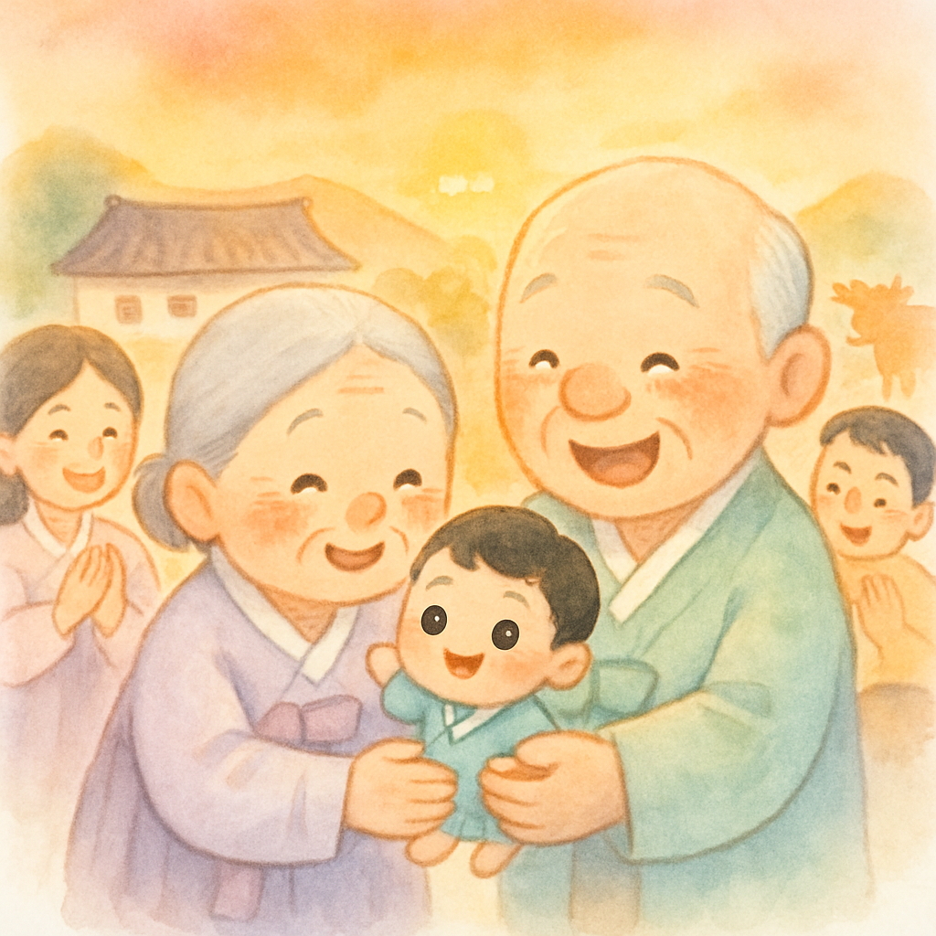 마을 사람들이 박수치며 엄지를 칭찬하고 할머니와 할아버지가 엄지를 안아주는 장면